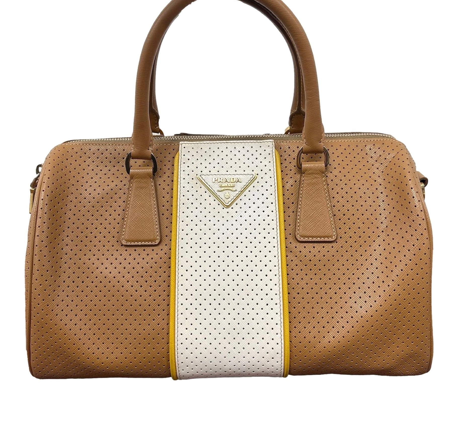 【PRADA Archive】Leather Boston Bag Prada Tan Leather Perforated Boston Bag – Treasures of NYC