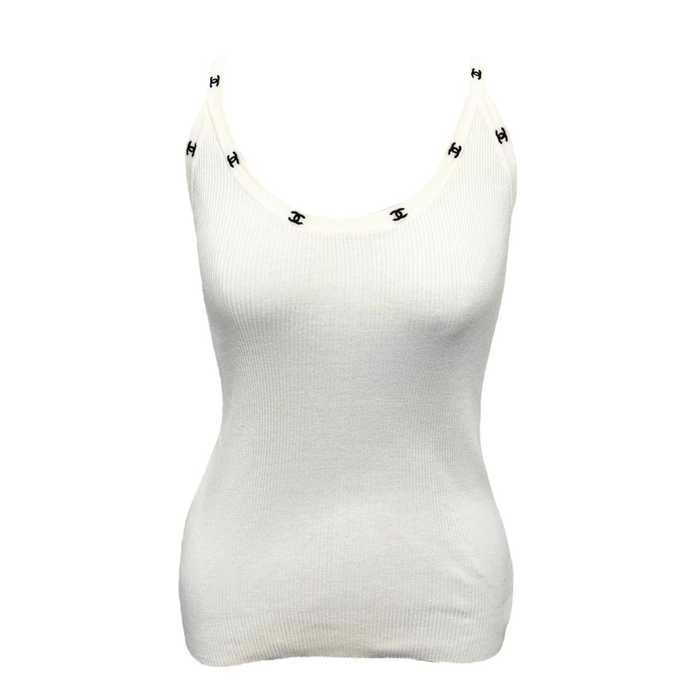CHANEL ホワイト タンクトップ XS Chanel White Ribbed Logo Tank Top – Treasures of NYC