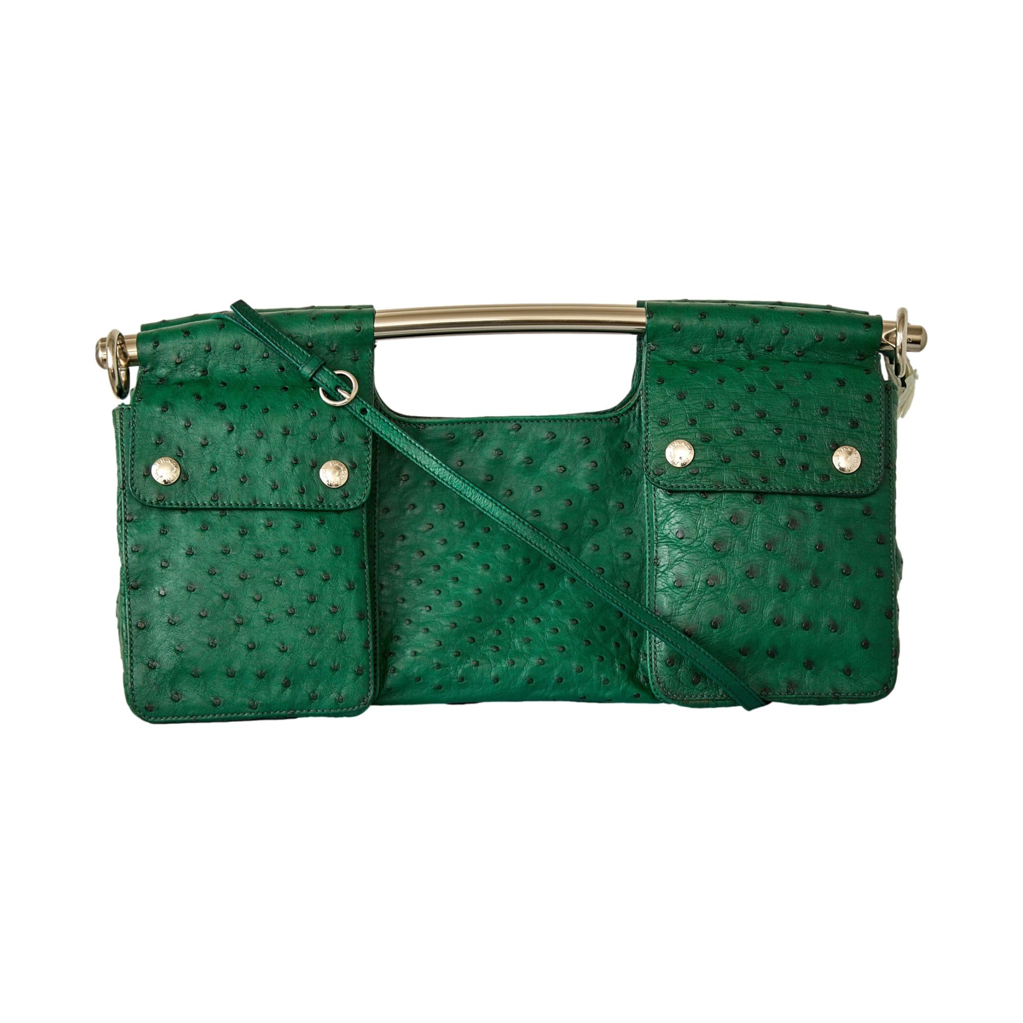 バッグ Ostrich leather 2way handbag green Prada Green Ostrich Bar 2way Bag – Treasures of NYC