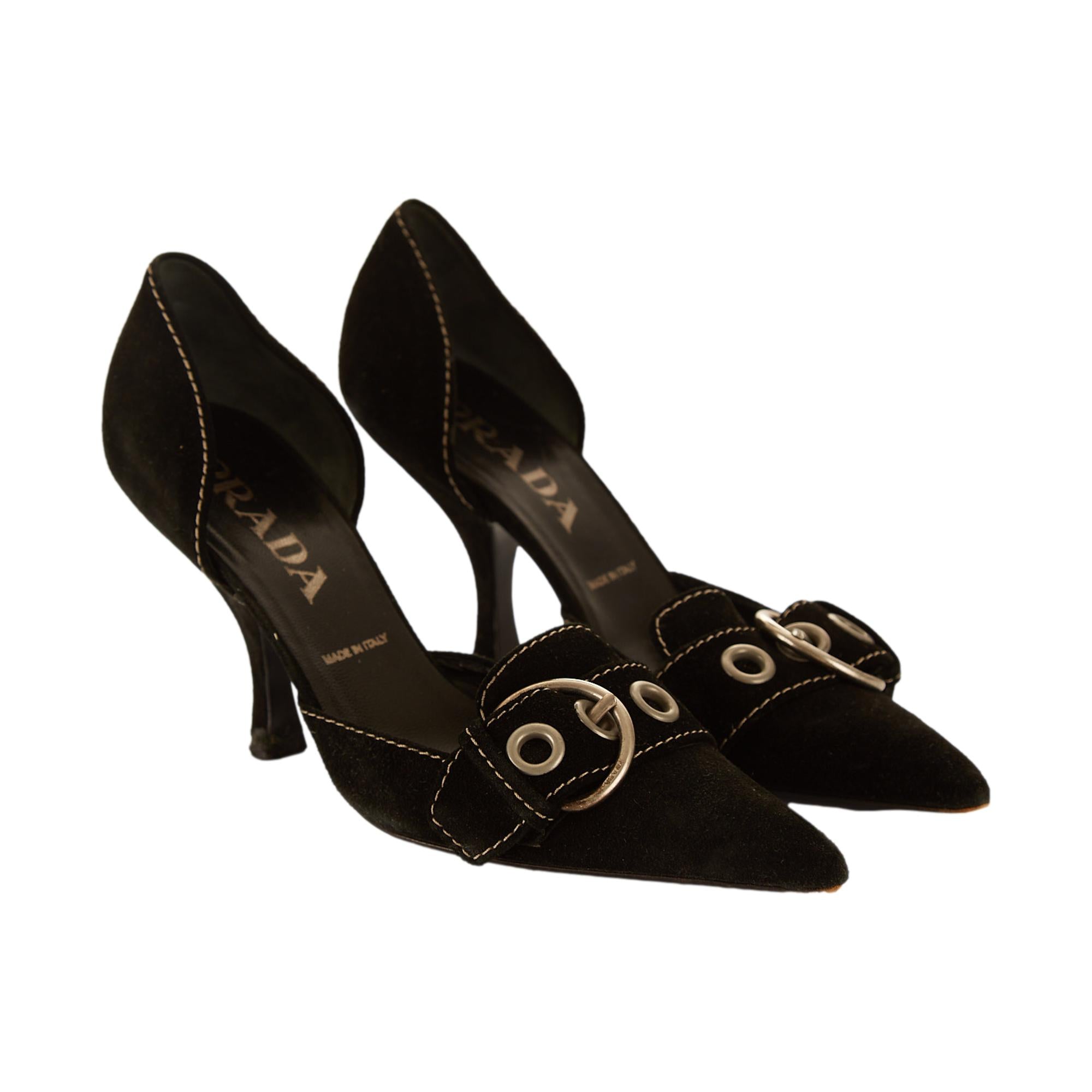 Prada Black Suede Buckle Heels – Treasures of NYC
