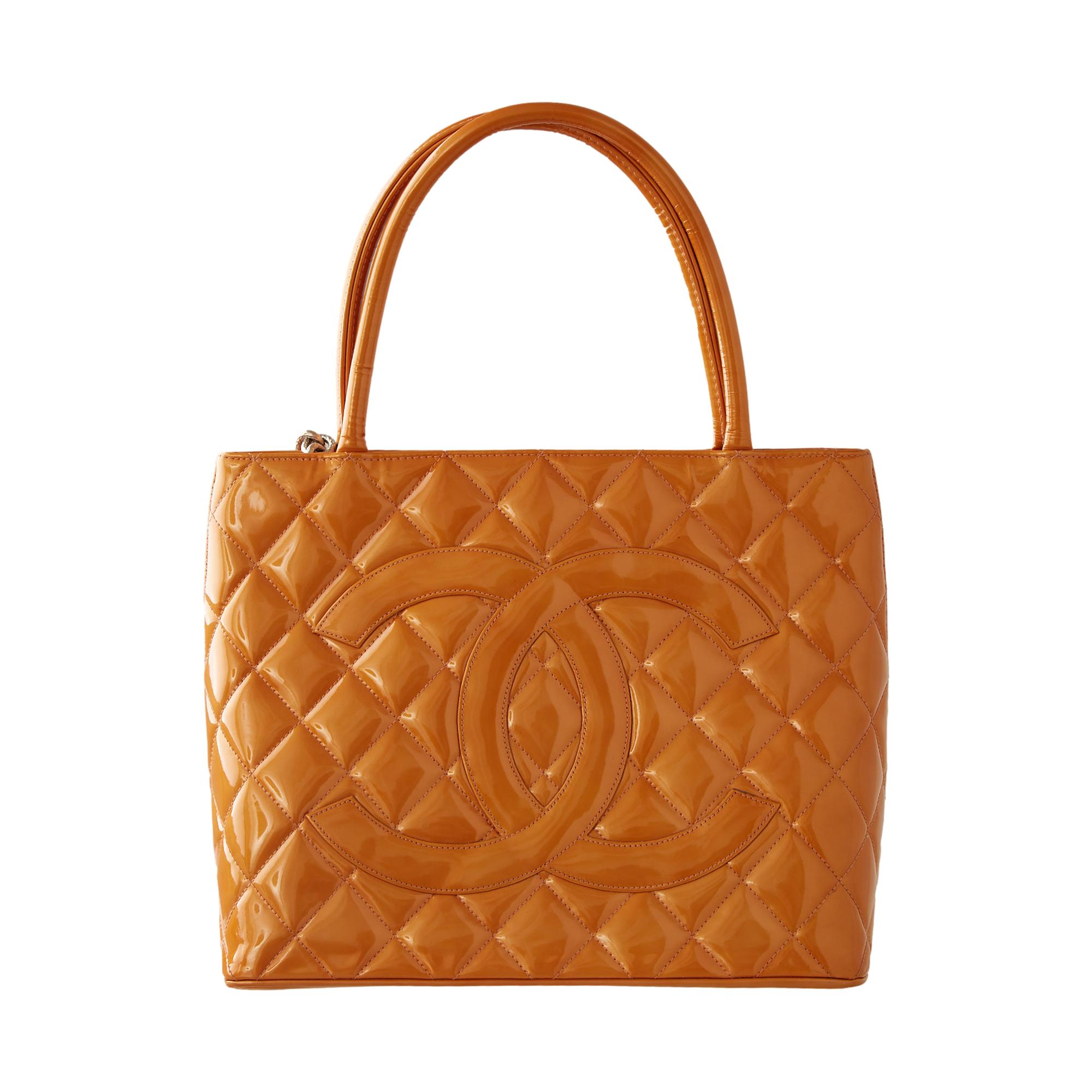 Chanel Orange Patent Quilted Logo Top Handle Bag