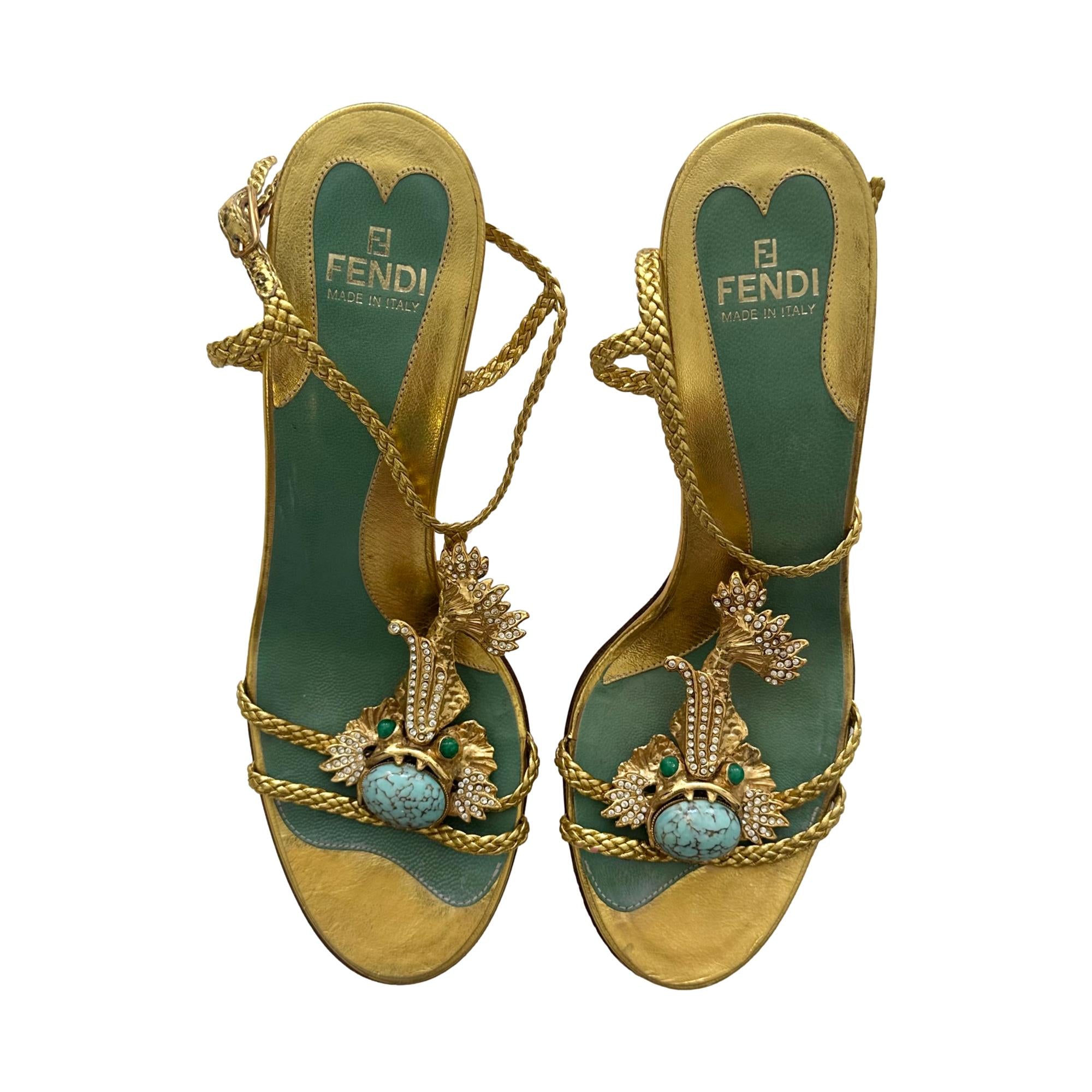 Fendi Gold Rhinestone Turquoise Heels – Treasures of NYC