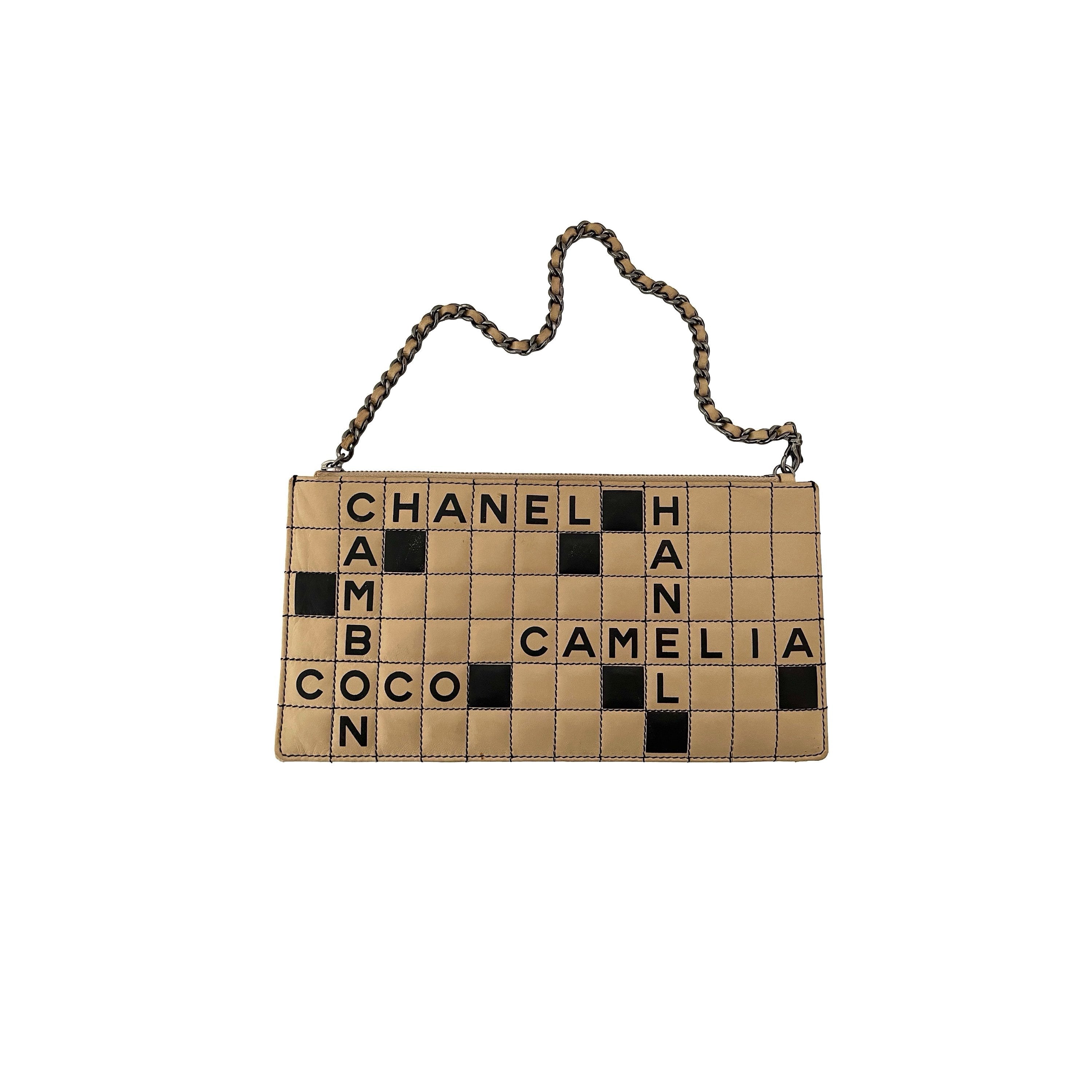 Chanel Black Beige Tan Leather Scrabble Crossword Small Pochette Shoulder  Bag at 1stDibs