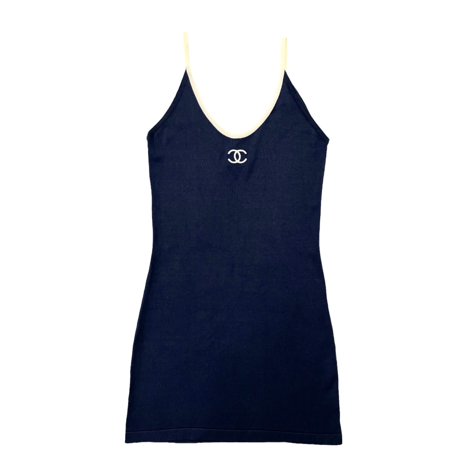 chanel navy blue dress Chanel Navy Knit Logo Dress – Treasures of NYC