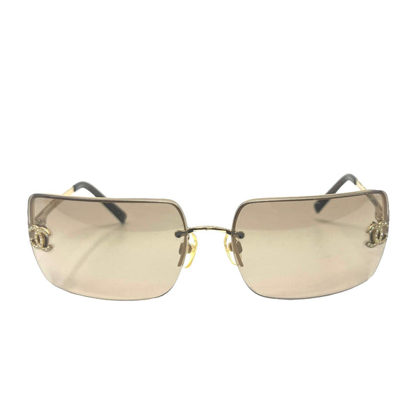 Chanel Rhinestone Gold + Brown Rimless Logo Sunglasses