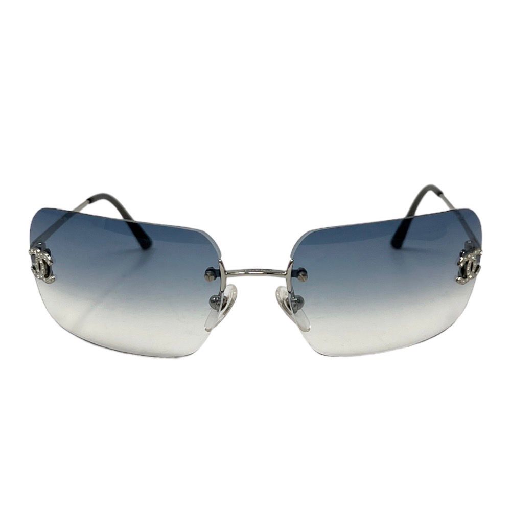 Chanel Blue Rhinestone Logo Rimless Sunglasses