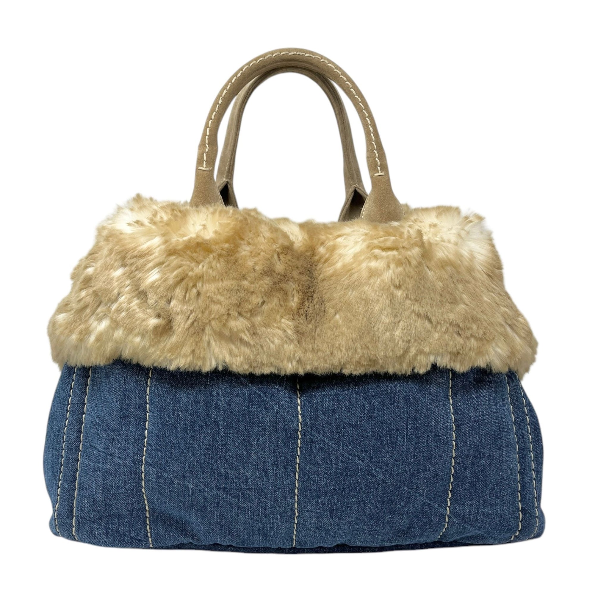 Prada Blonde Fur Denim Top Handle Bag