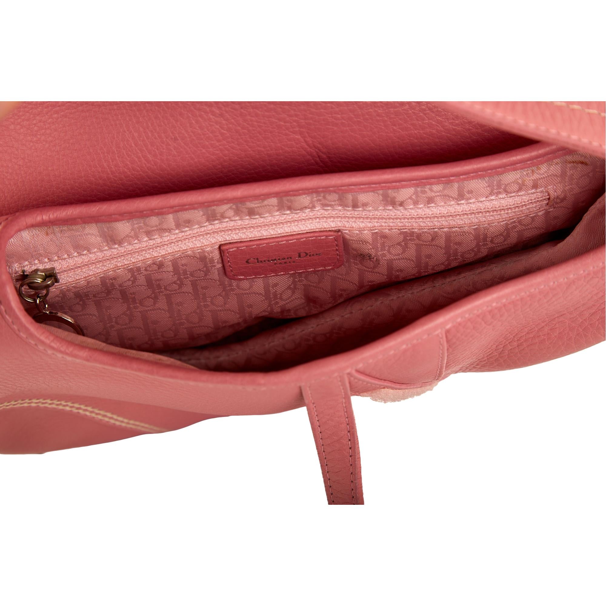 Dior Pink Leather Stitched Saddle Bag