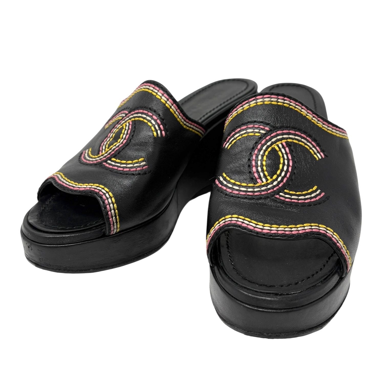 Chanel Black Stitched Logo Platform Sandals