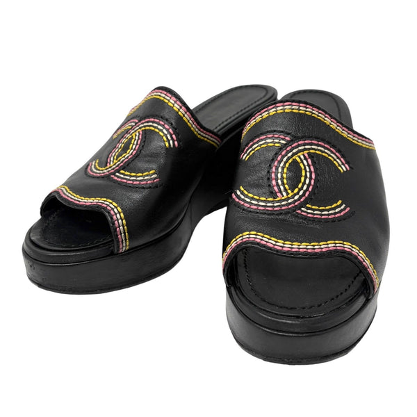 Chanel Black Stitched Logo Platform Sandals