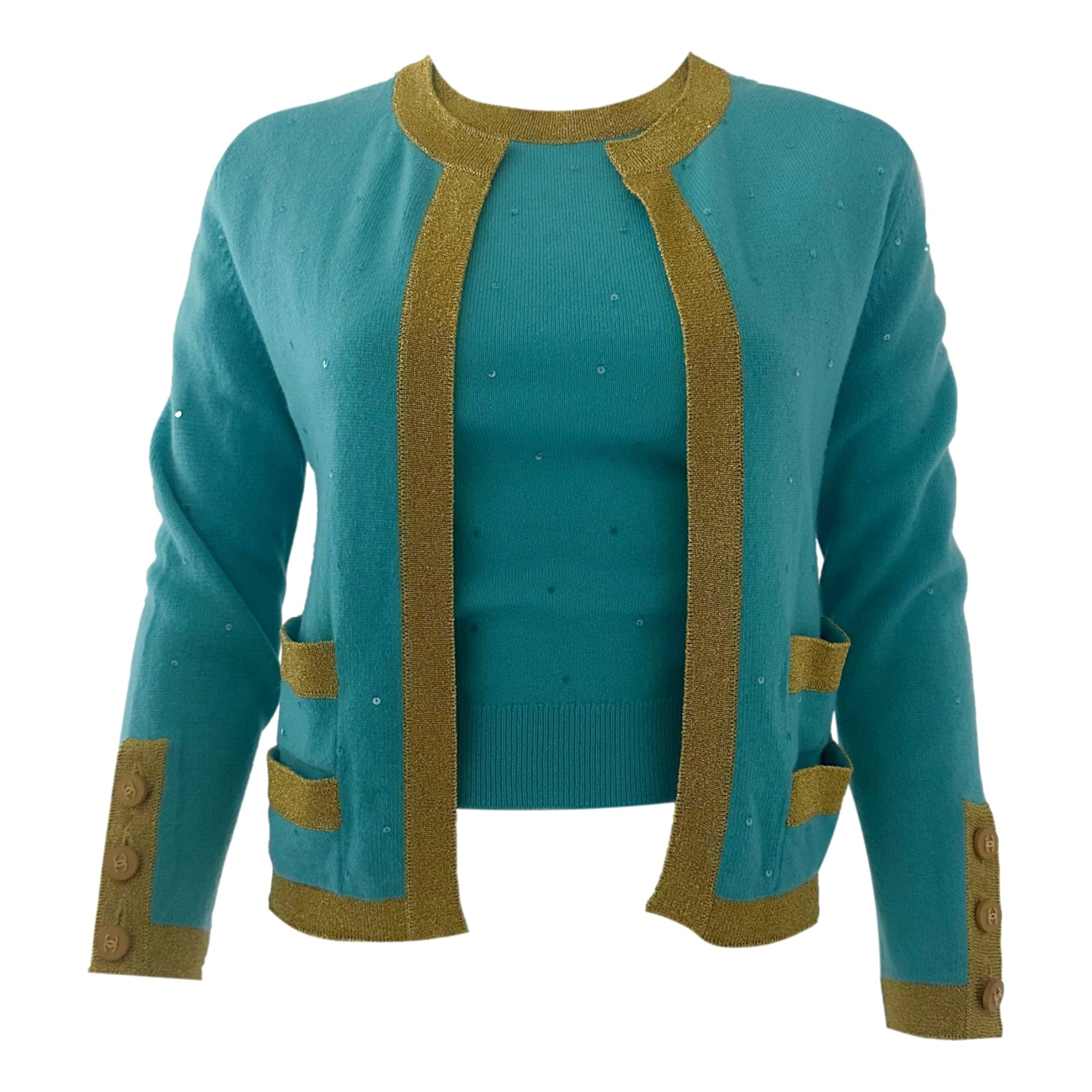 Chanel Turquoise Sequin Sweater Set