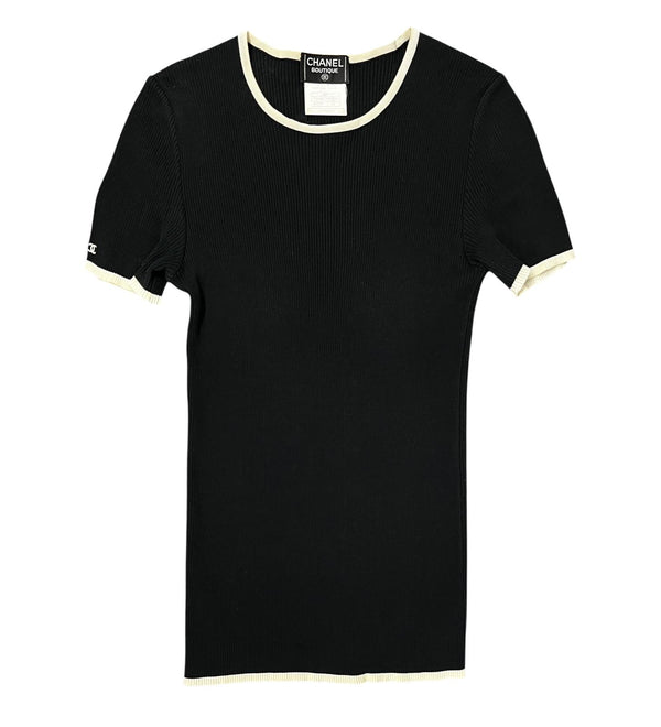 Chanel Black Ribbed Logo Short Sleeve Top