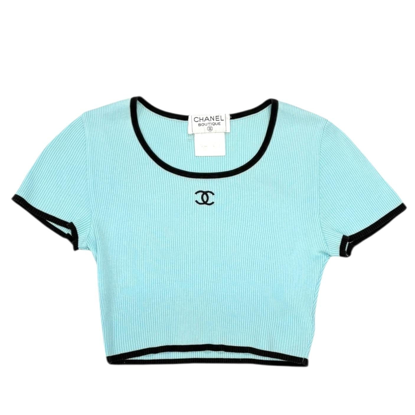 Chanel Baby Blue Ribbed Logo Cropped Top