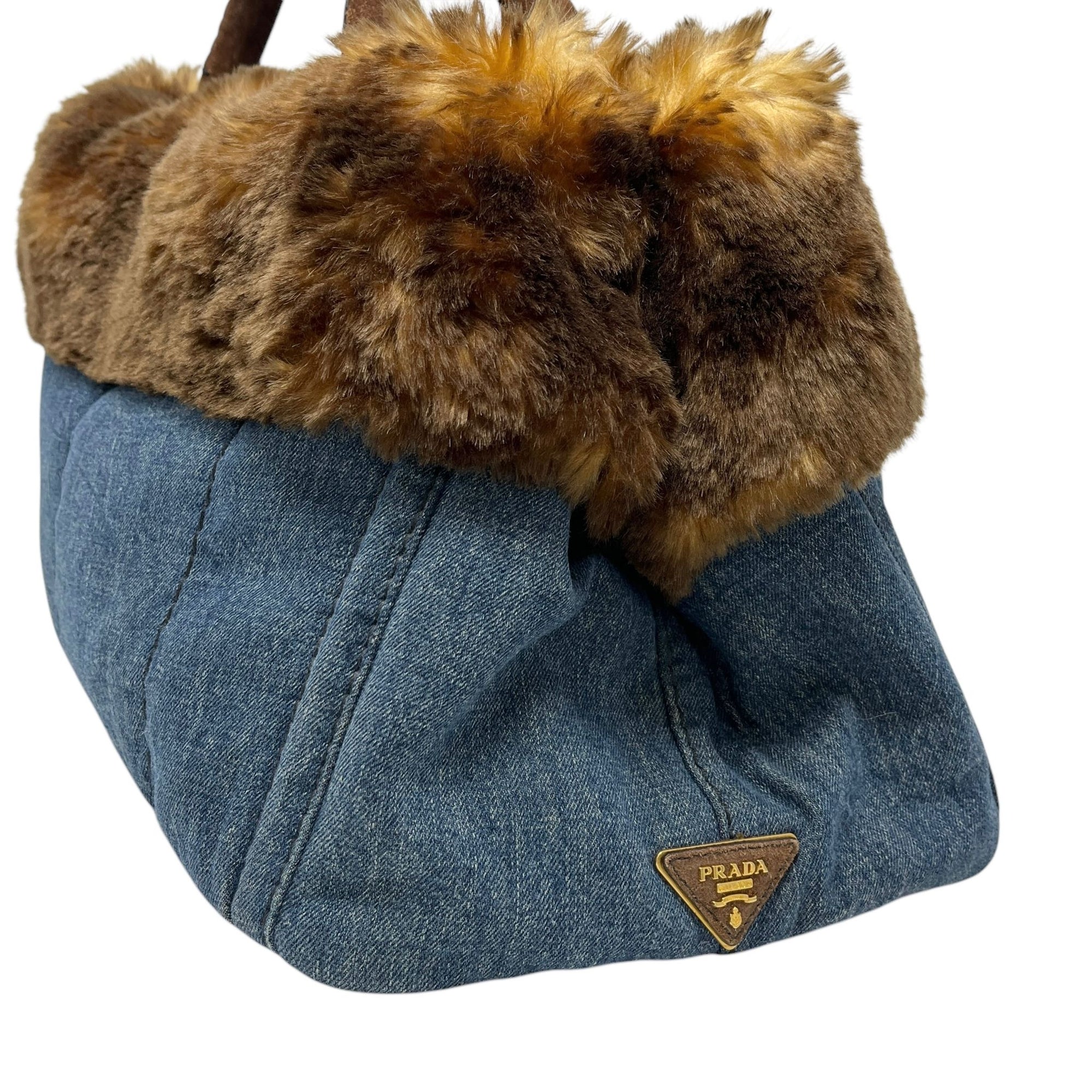 Prada Brunette Fur Denim Top Handle Bag