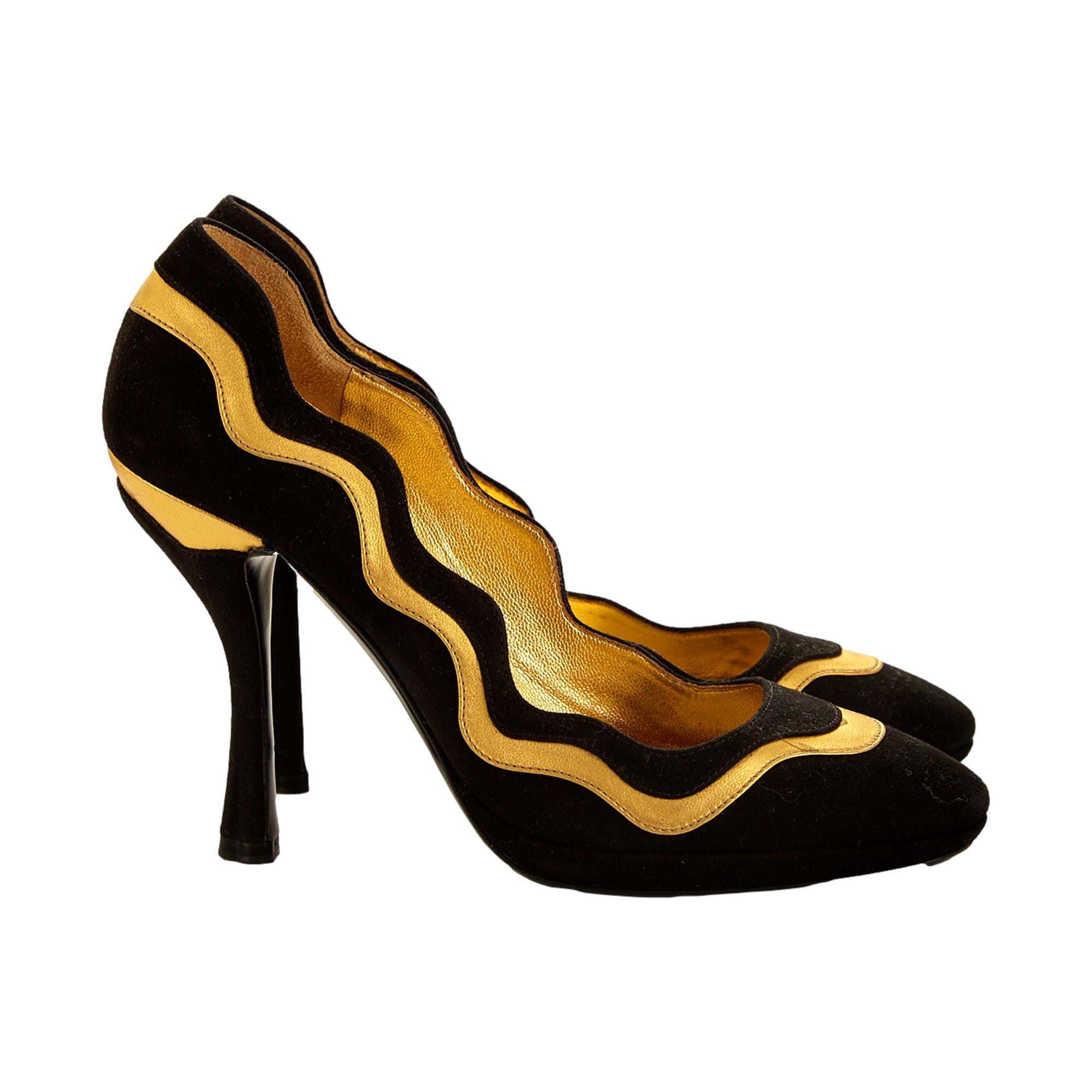 Prada Black Suede & Gold Leather Sculptural Heel