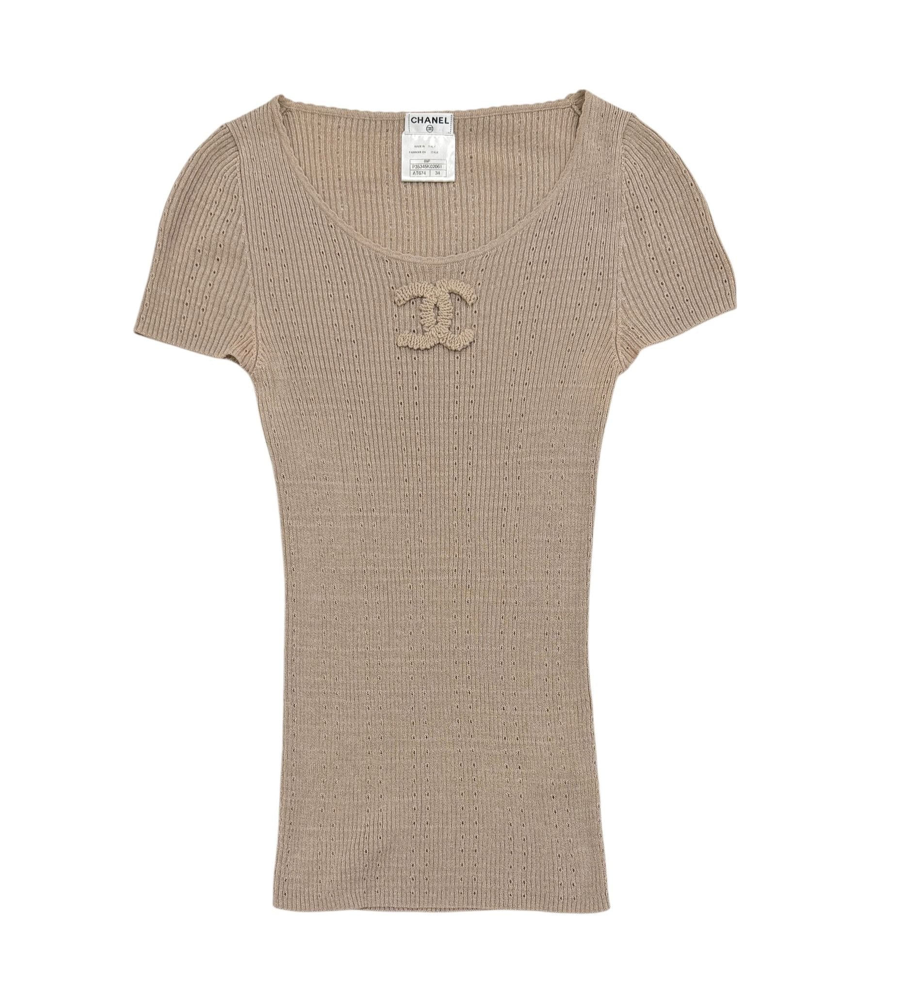 Chanel Tan Ribbed Logo Top