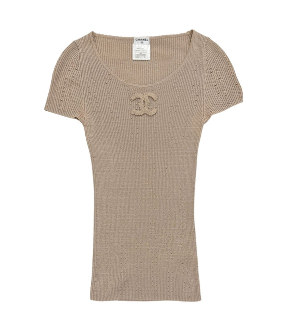 Chanel Tan Ribbed Logo Top