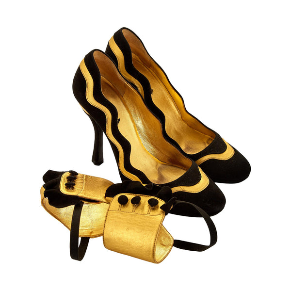 Prada Black Suede & Gold Leather Sculptural Heel