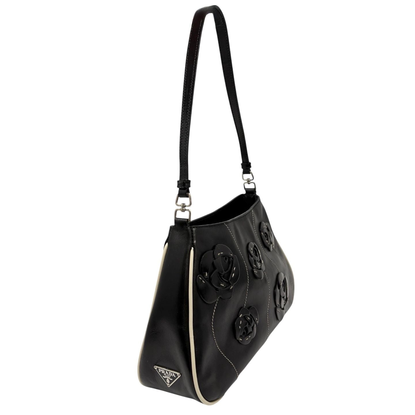 Prada Black Floral Leather Shoulder Bag