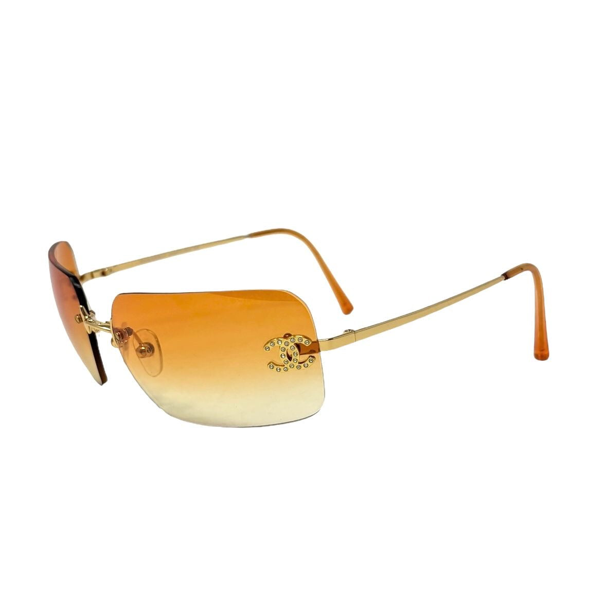 Chanel Orange Rhinestone Logo Rimless Sunglasses