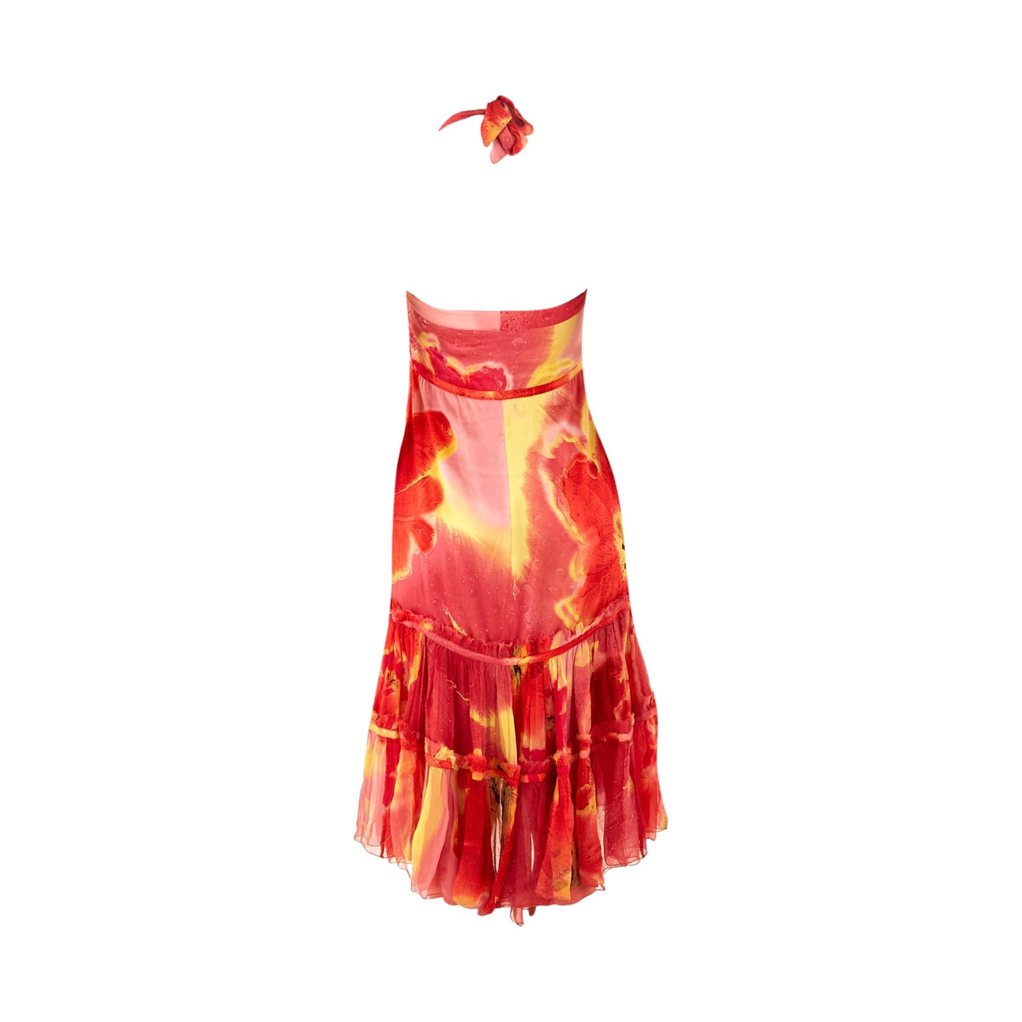 Roberto Cavalli Red Floral Ruffle Dress