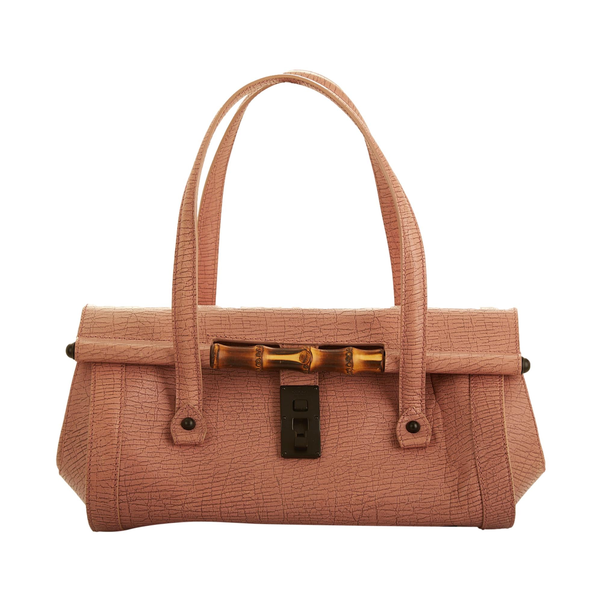 Gucci Pink Textured Leather Bamboo Shoulder Bag