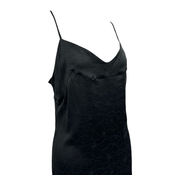 Chanel Black Silk Camellia Logo Slip Dress