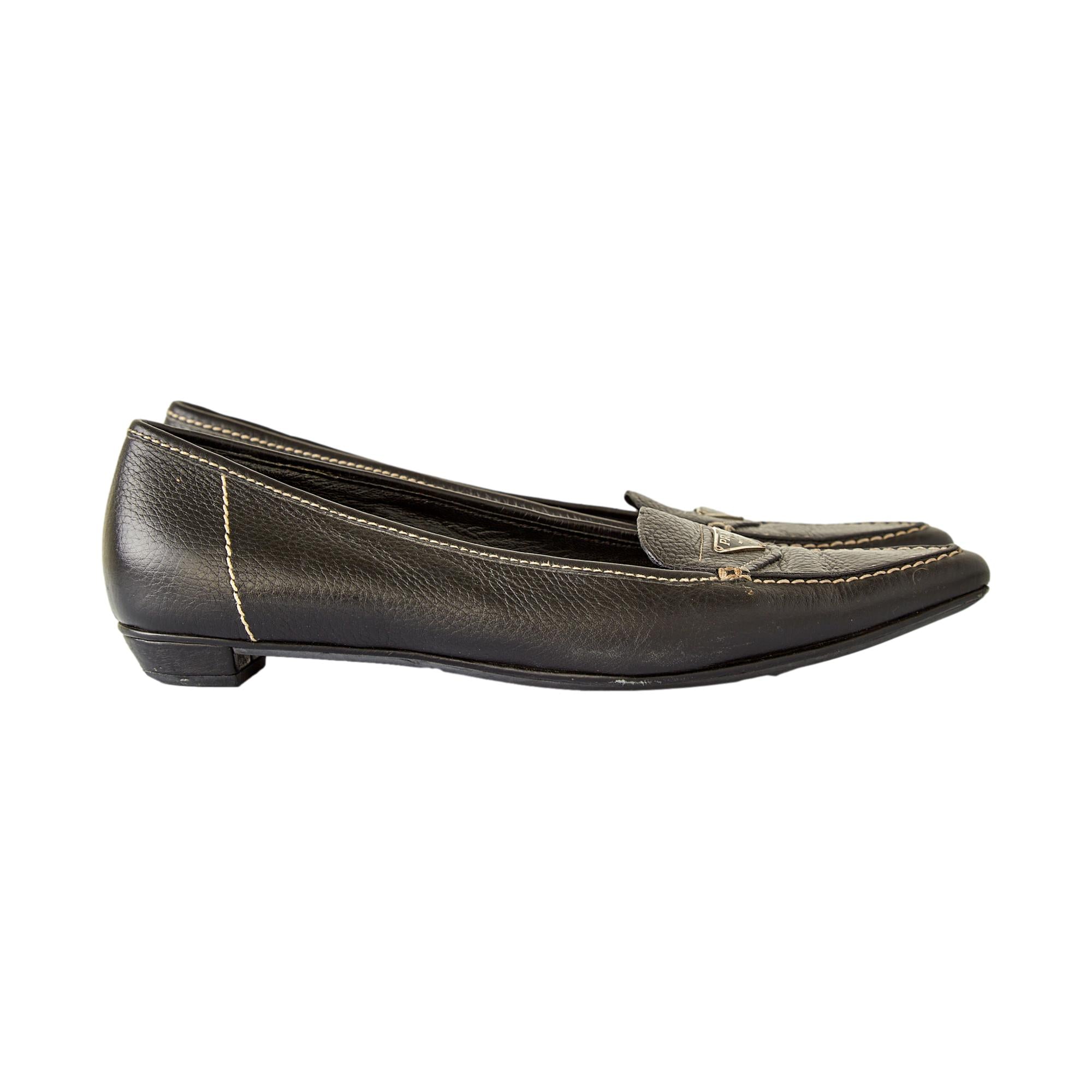 Prada Black Leather Contrast Stitch Flats