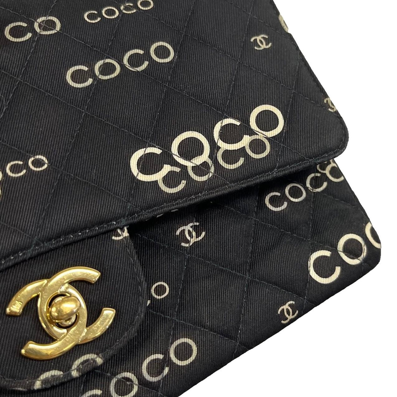 Chanel Black Coco Print Canvas Double Flap Bag