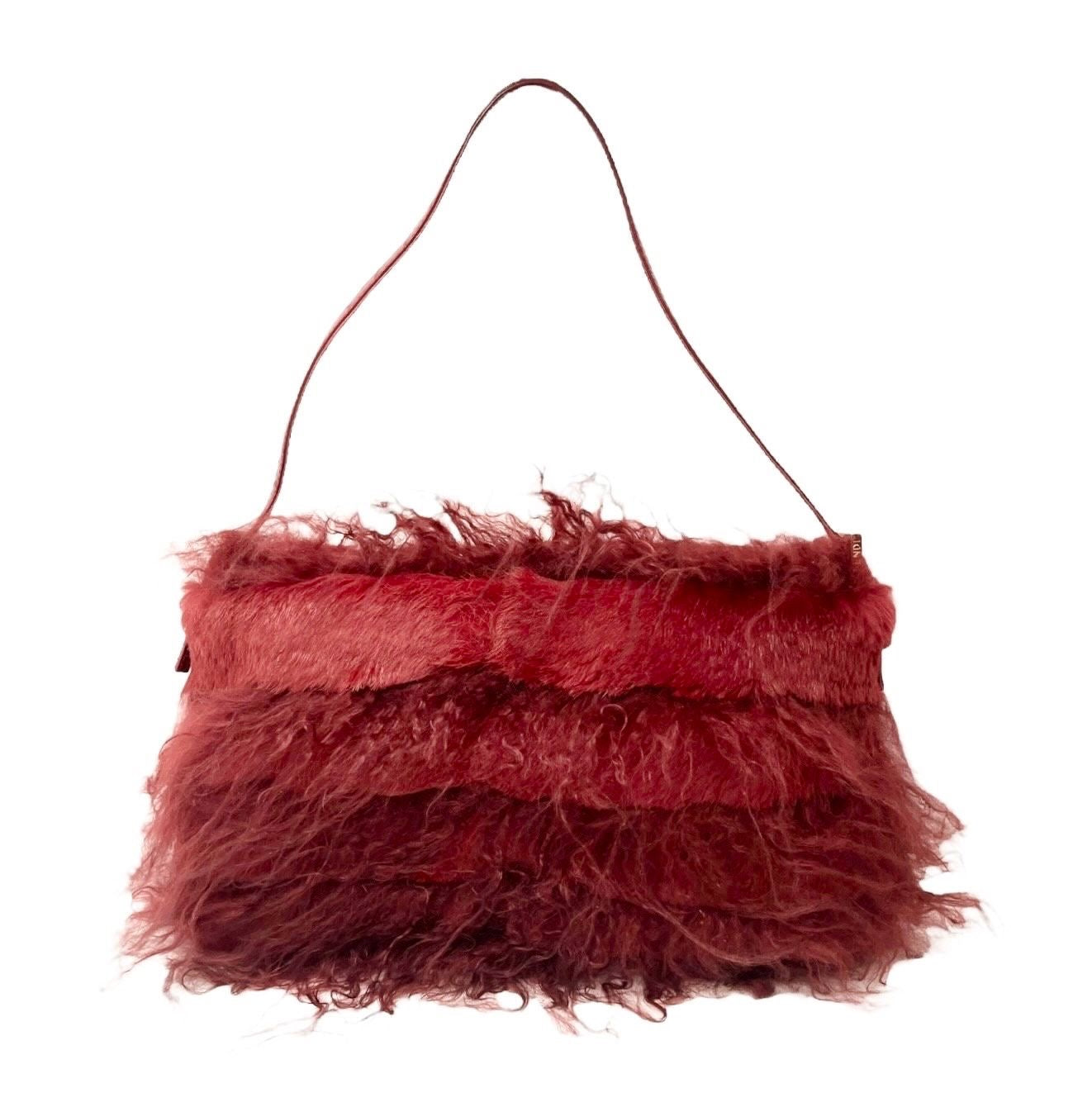 Fendi Red Fur Rhinestone Logo Baguette Bag