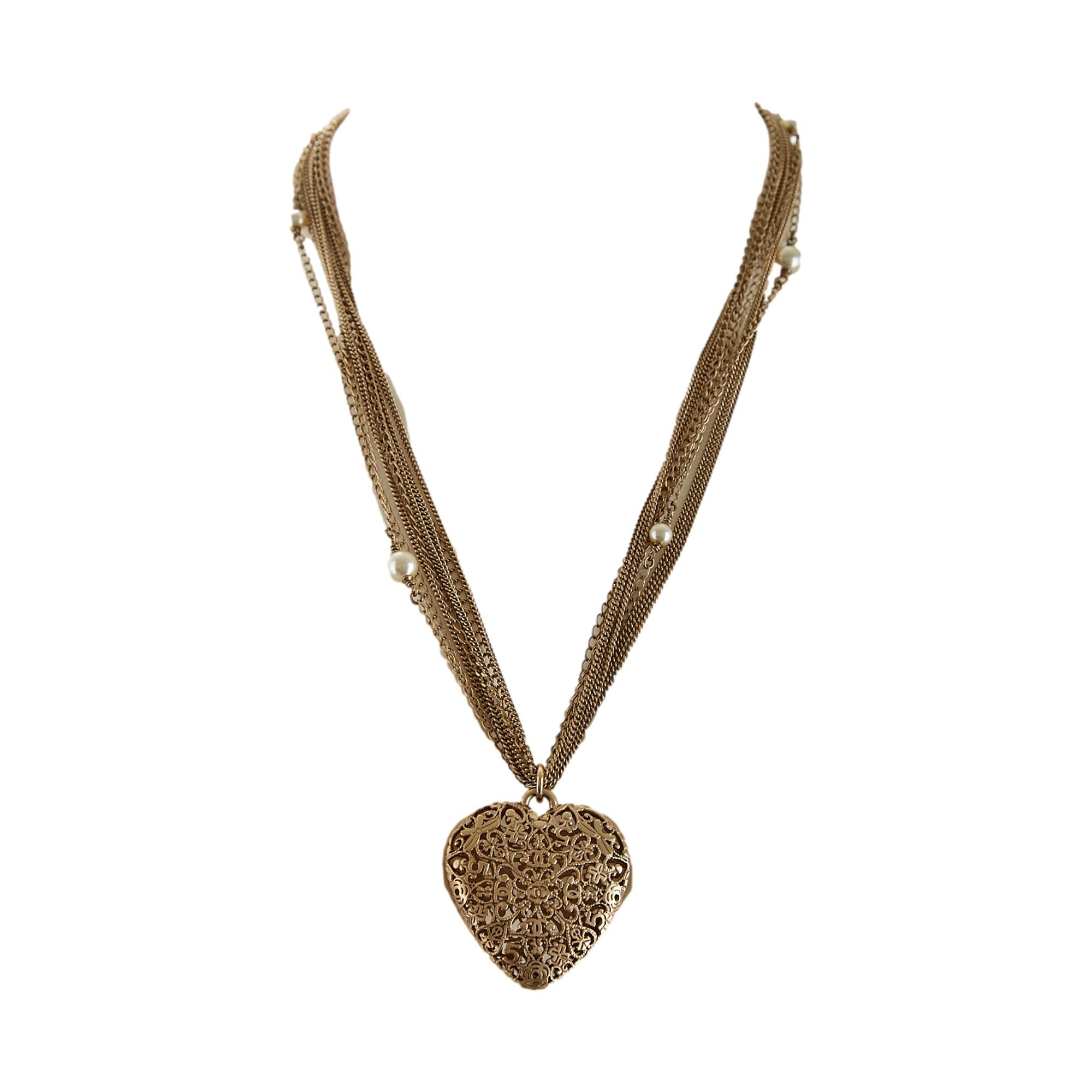 Chanel Gold Logo Heart Pearl Necklace