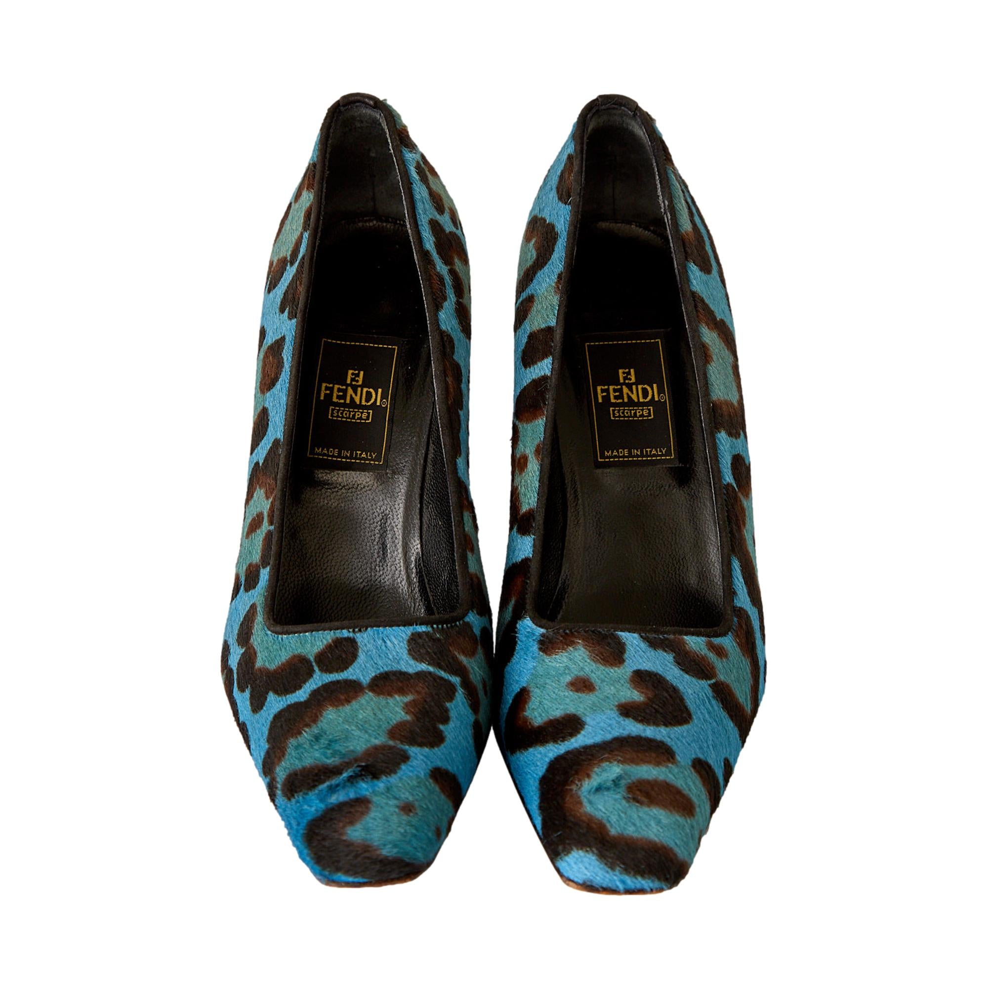 Fendi Blue Cheetah Calf-hair Heels