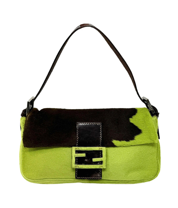 Fendi Lime Green Cow Print Baguette Bag