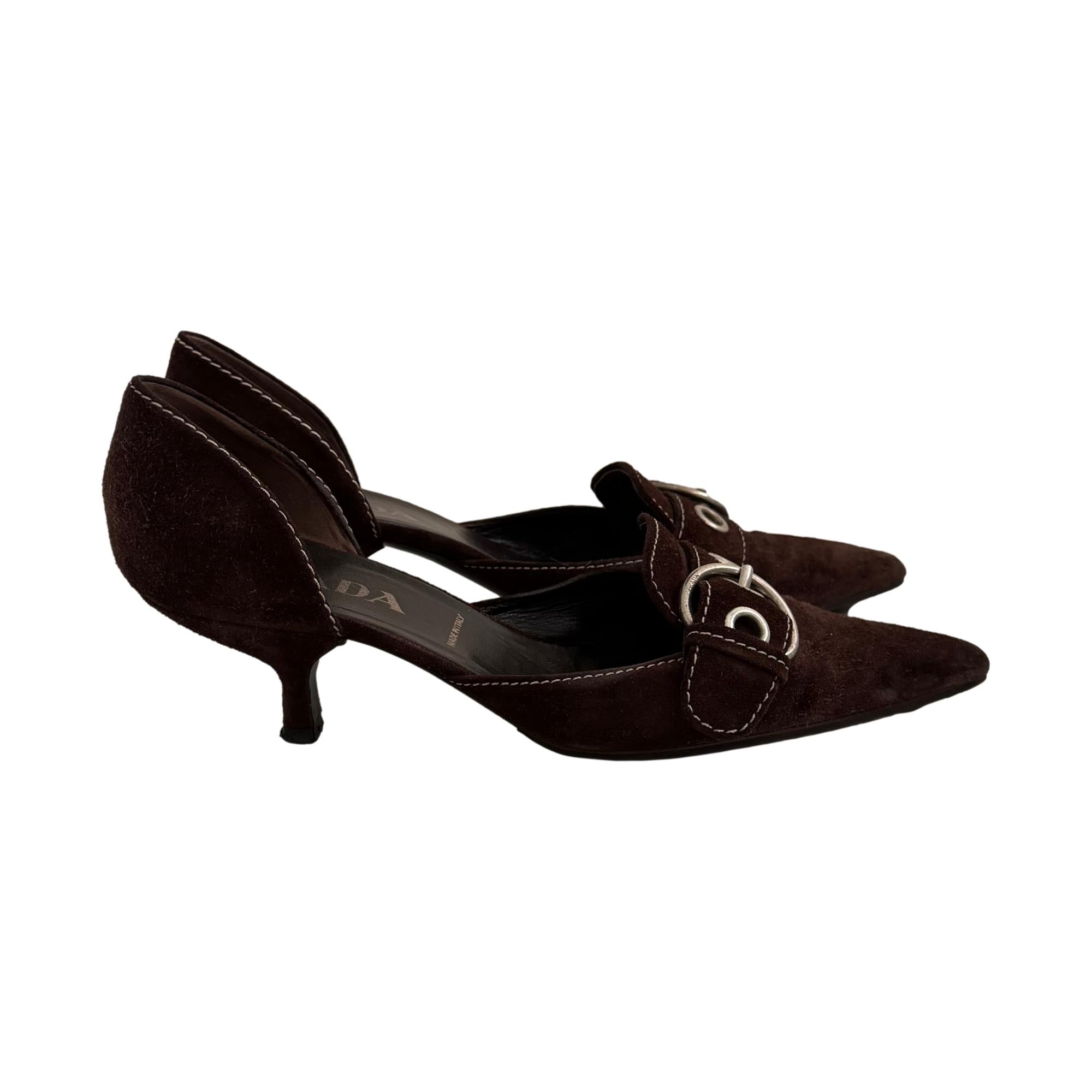 Prada Brown Suede Buckle Kitten Heels