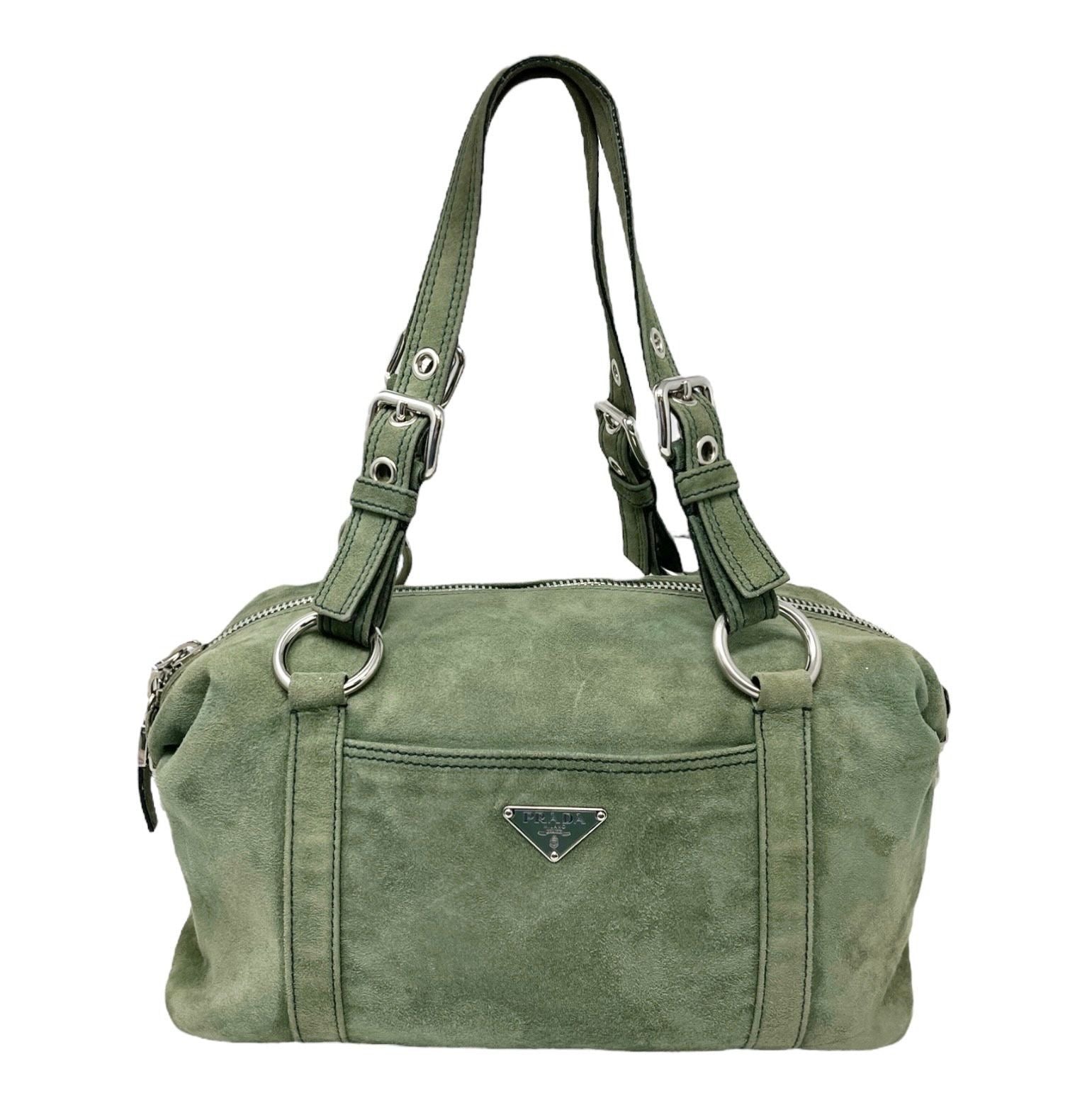 Prada Olive Suede Buckle Shoulder Bag