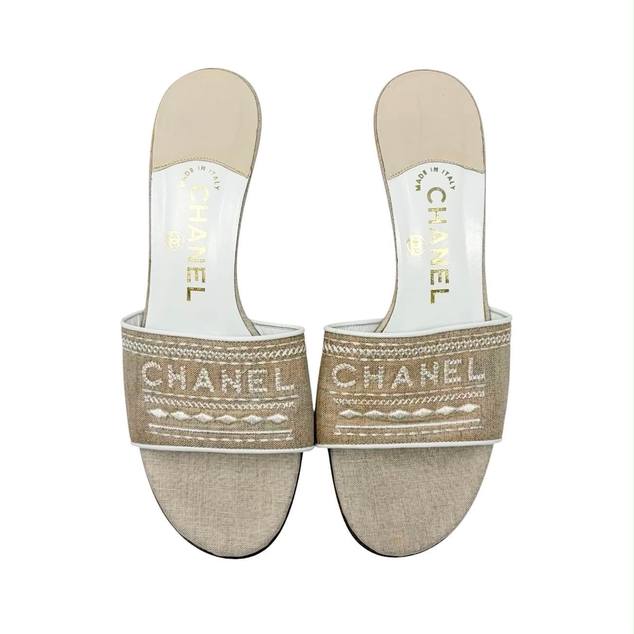 Chanel Beige & White Logo Heels