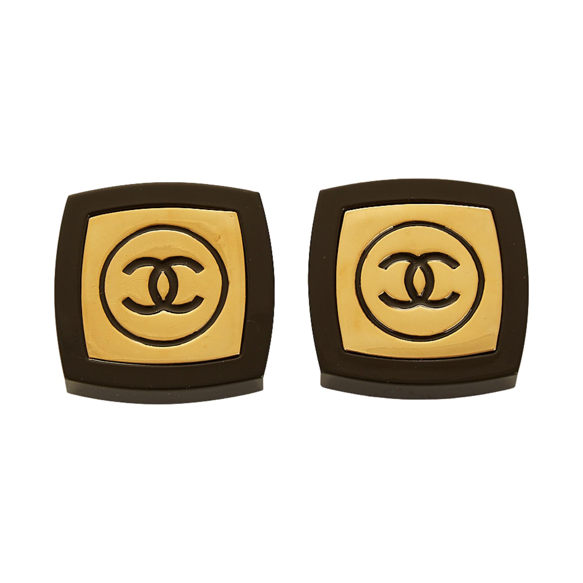CHANEL Black and Gold Rectangular CC Clip-On Earrings Chanel Coco Mark Clip Earrings Black Golden Gold-plated ref  main image 4
