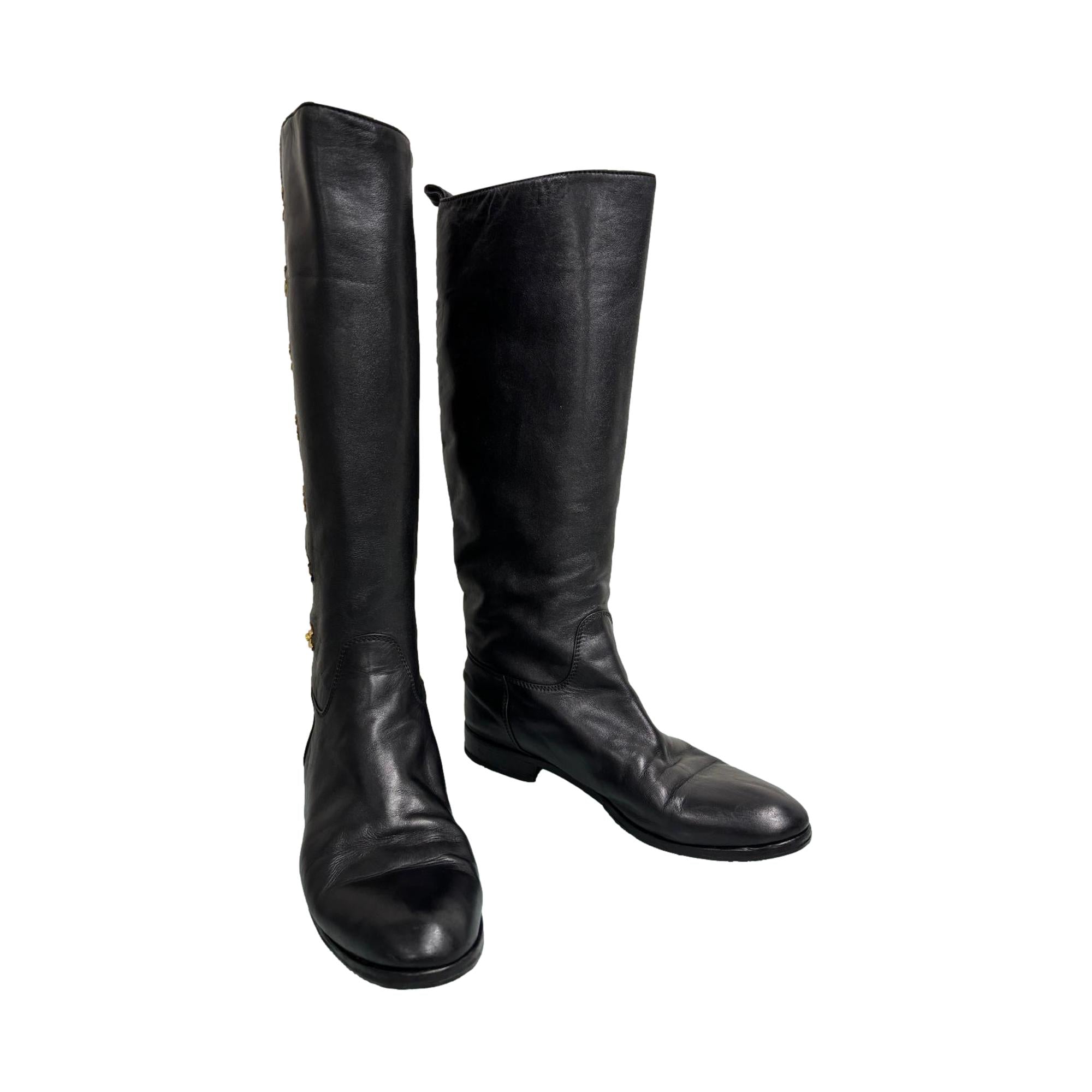 Chanel Black Turn-lock Logo Riding Boots