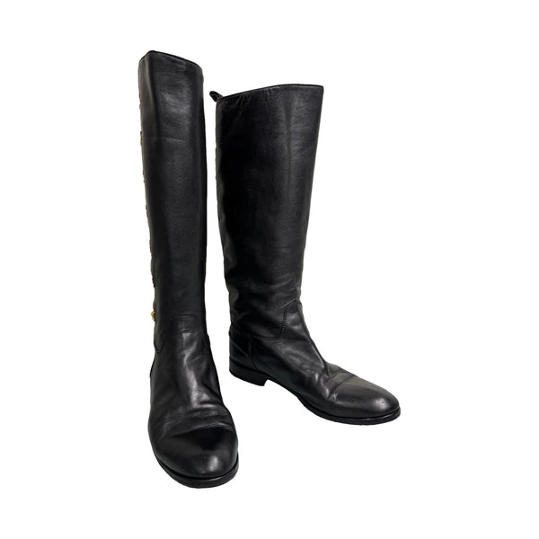 Chanel Black Turn-lock Logo Riding Boots