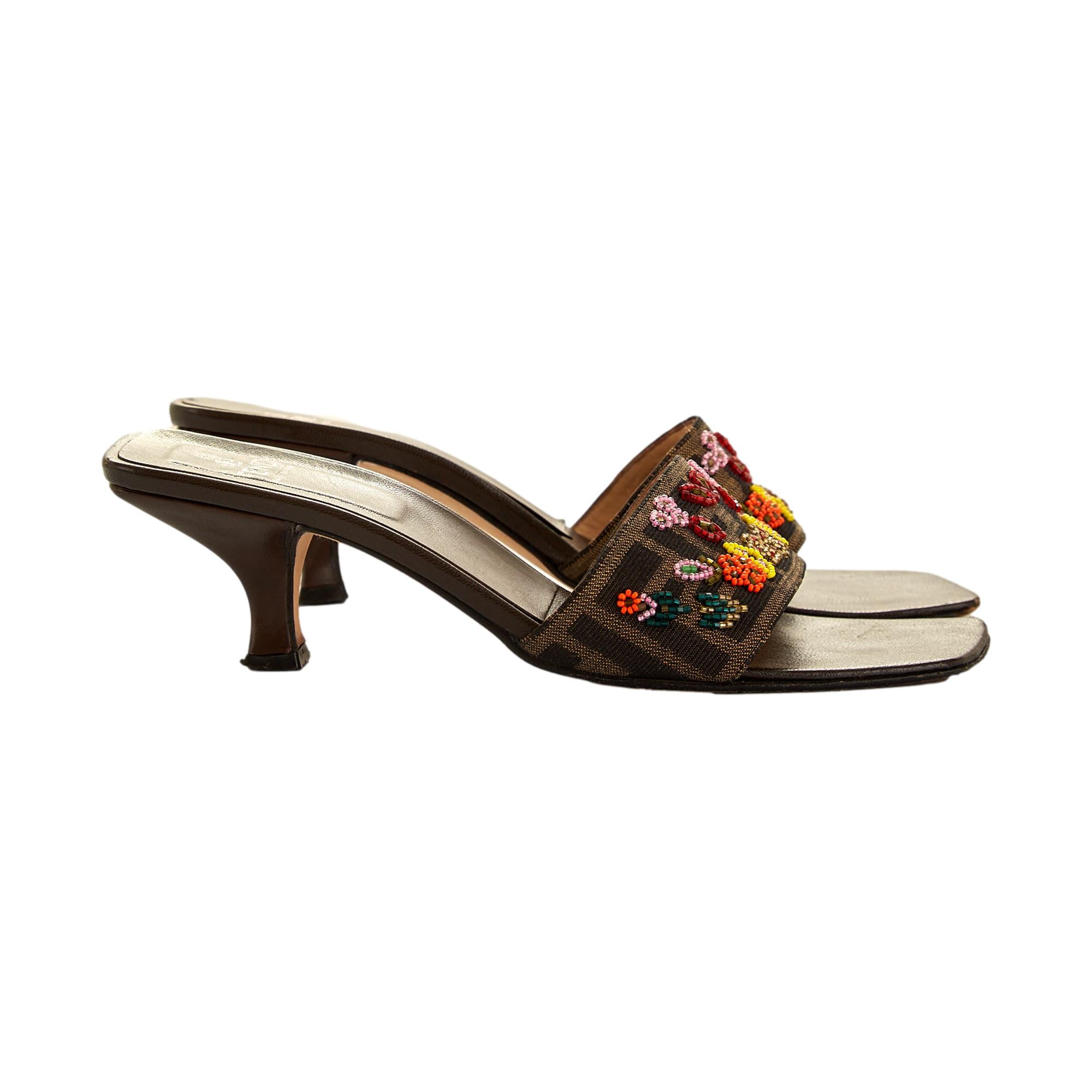 Fendi Brown Beaded Kitten Heels