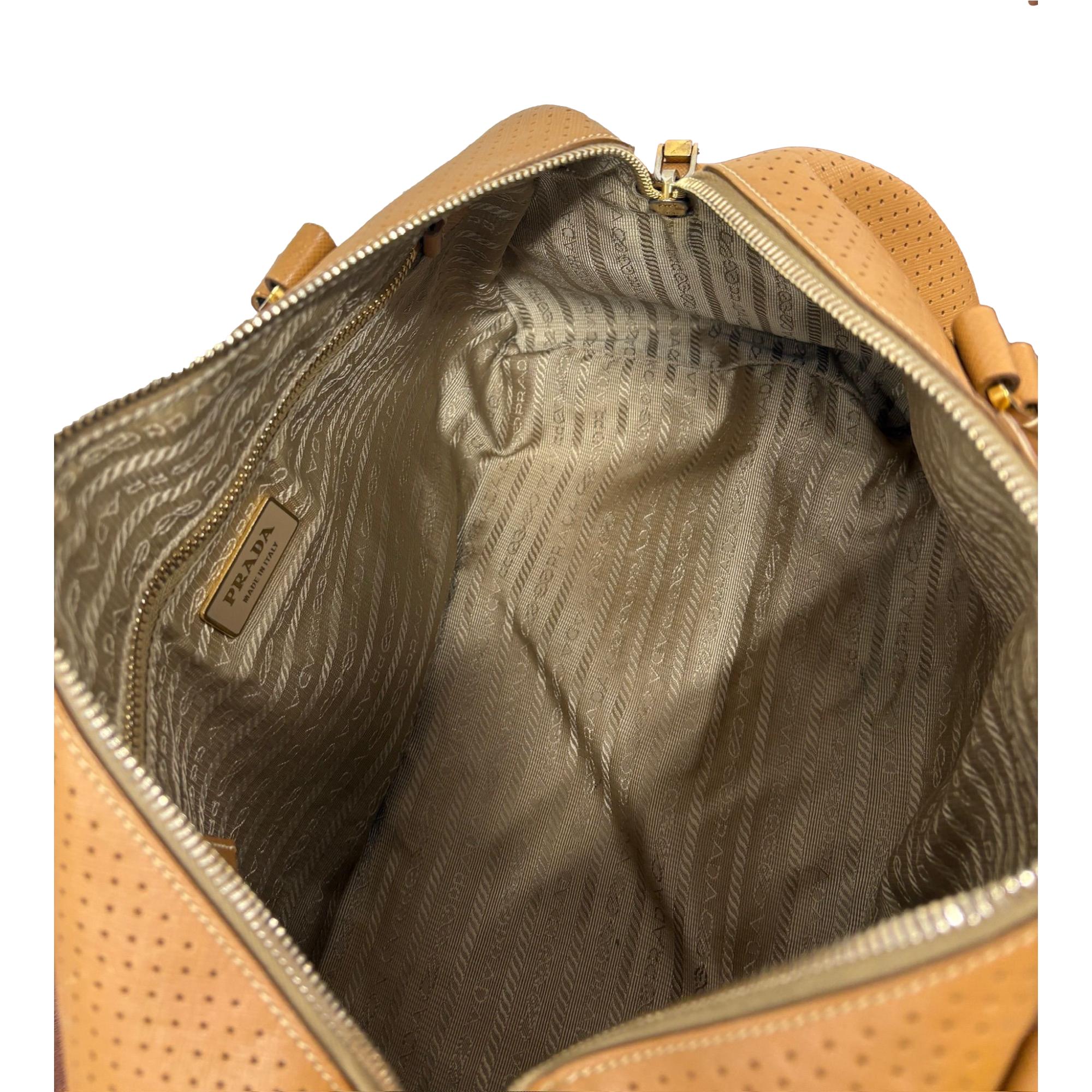 Prada Tan Leather Perforated Boston Bag