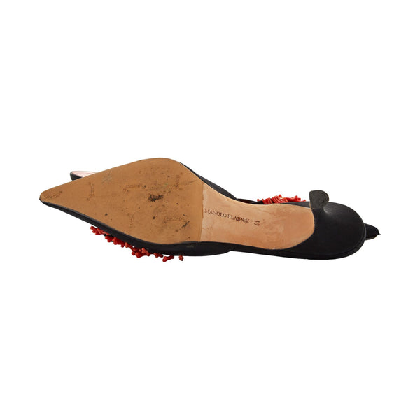 Manolo Blahnik Multi Coral Beaded Kitten Heel Mules