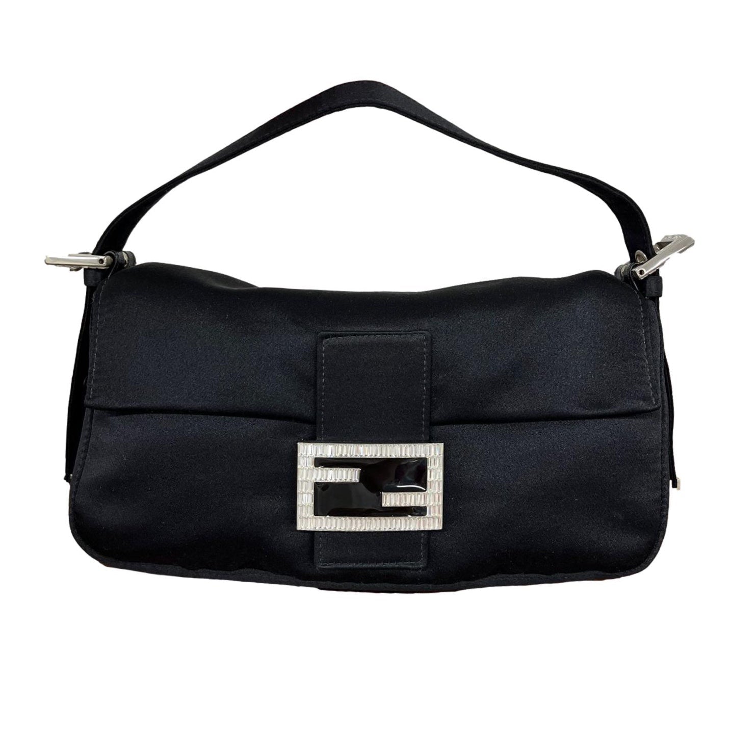 Fendi Black Satin Rhinestone Logo Baguette Bag