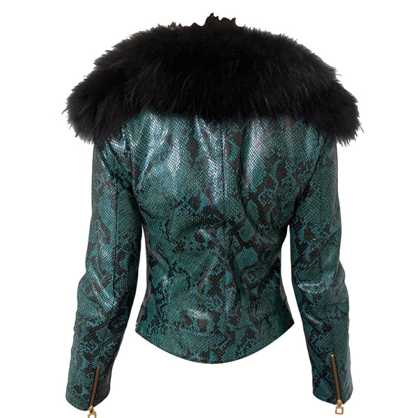 Roberto Cavalli Class Emerald Snakeskin + Fur Leather Jacket