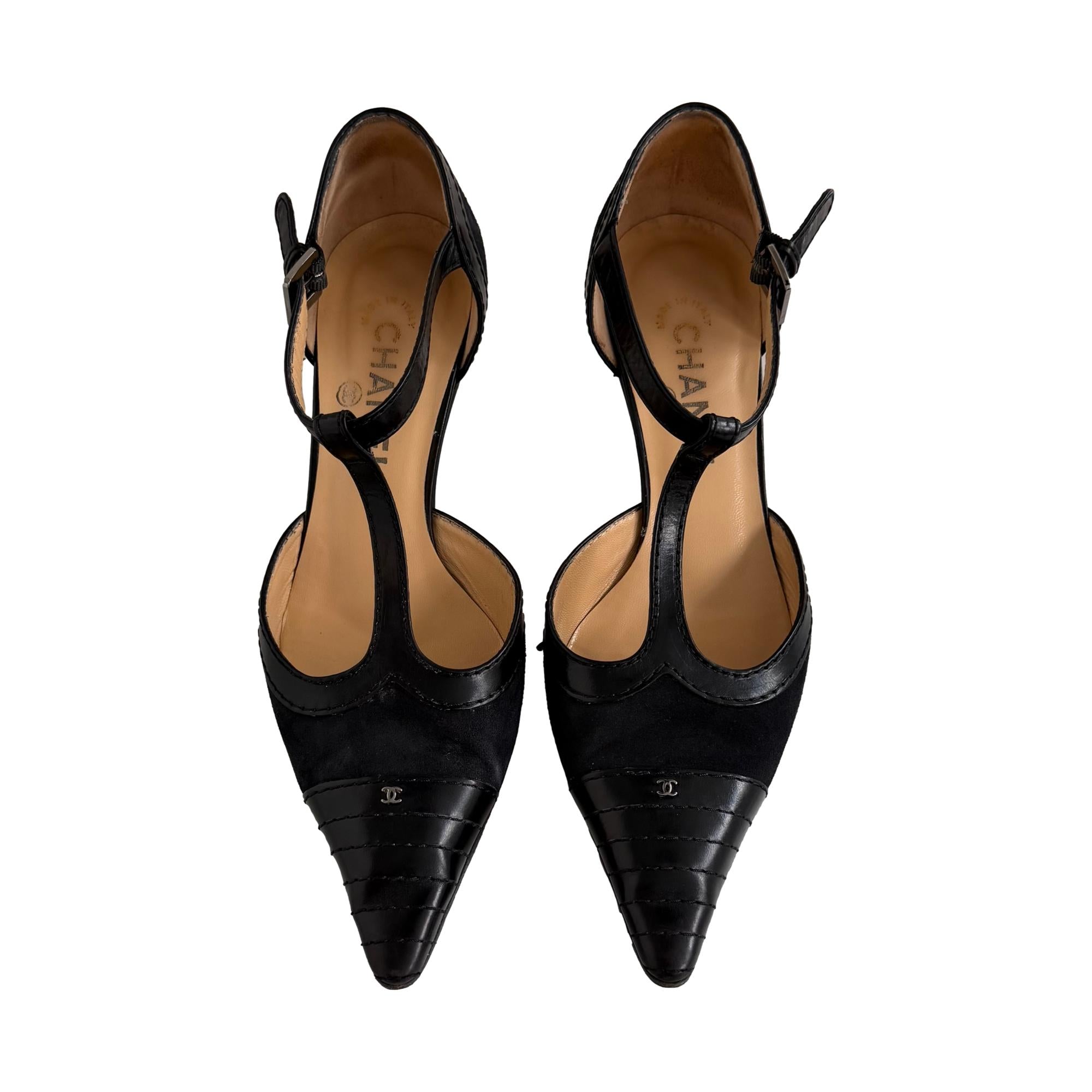 Chanel Black Logo T-Strap Heels