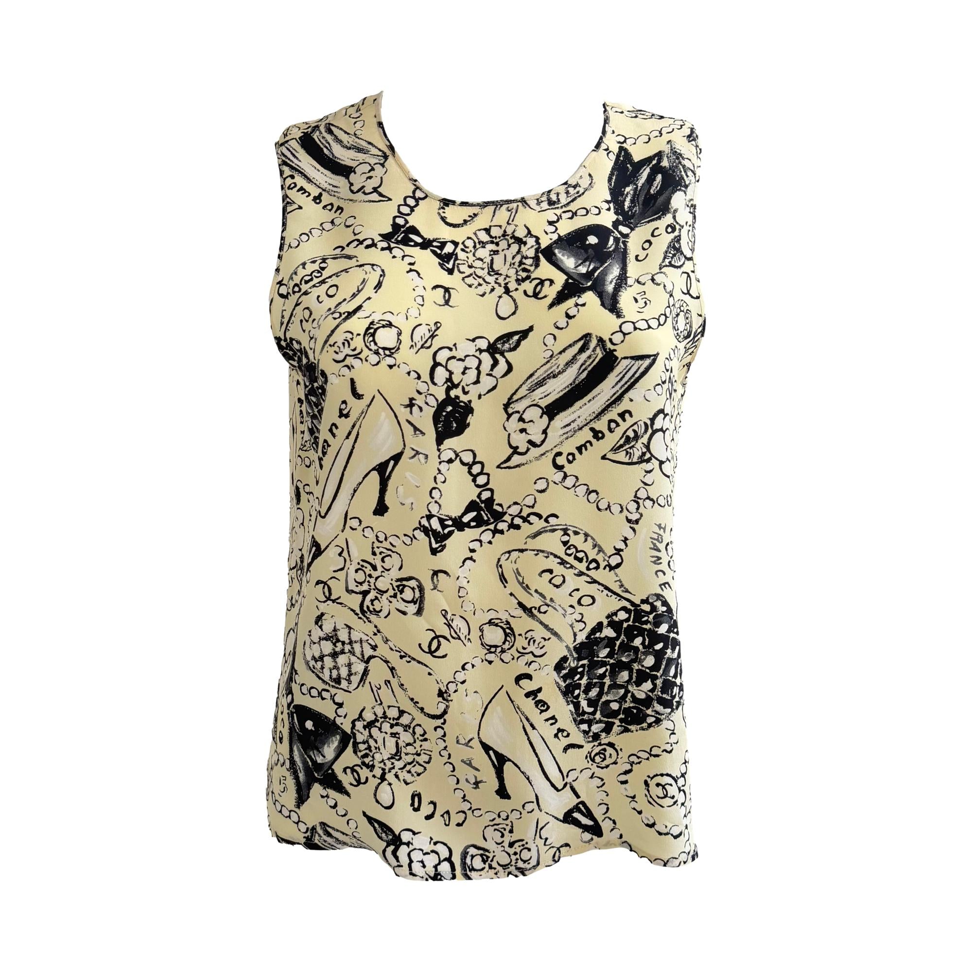 Chanel Yellow Silk Printed Tank Top