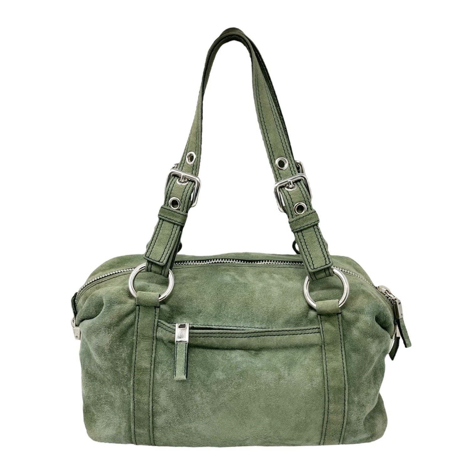 Prada Olive Suede Buckle Shoulder Bag