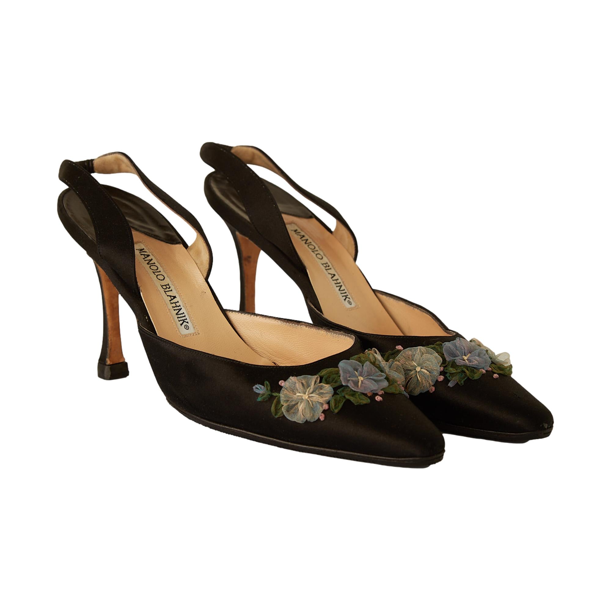 Manolo Blahnik Black Satin Flower Heels