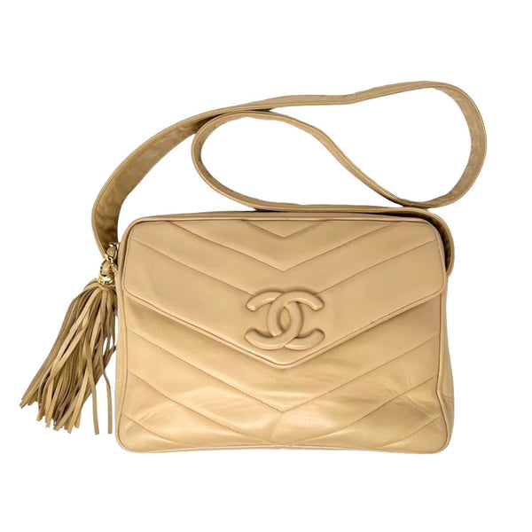 Chanel Beige Logo Chevron Bag