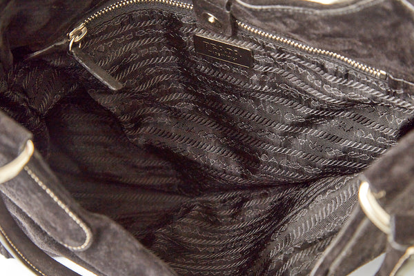 Prada Black Suede Embroidered Shoulder Bag